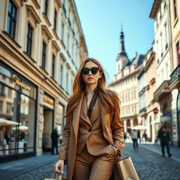 A richly dressed elegant young woman shopping in the luxurious streets of Zurich, surrounded by high-end boutiques and beautiful architecture