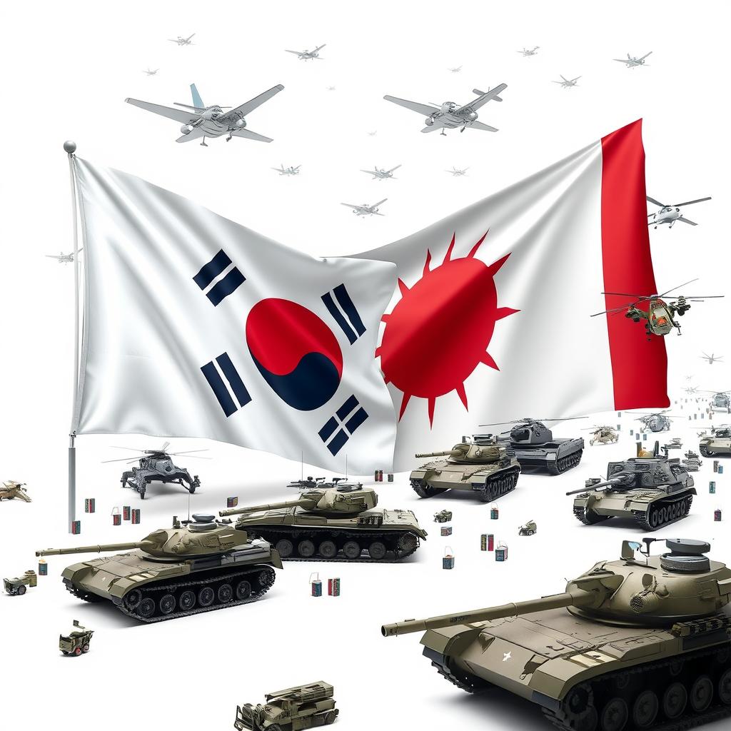 A dramatic depiction of a war game scenario featuring the flags of South Korea and Japan prominently displayed