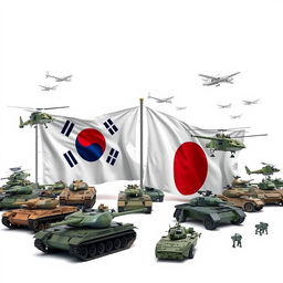 A dramatic depiction of a war game scenario featuring the flags of South Korea and Japan prominently displayed