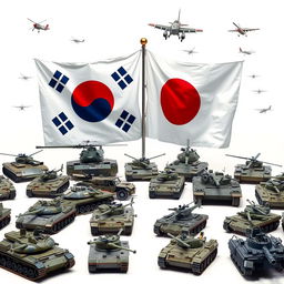 A dramatic depiction of a war game scenario featuring the flags of South Korea and Japan prominently displayed
