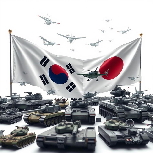 A dramatic depiction of a war game scenario featuring the flags of South Korea and Japan prominently displayed