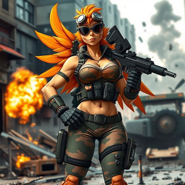 A female character inspired by the Duck Commander with a muscular and confident build, wearing tactical combat gear and a stylish camouflage pattern