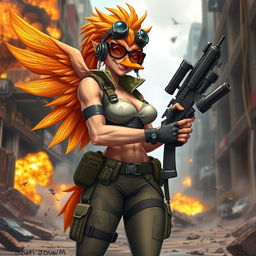 A female character inspired by the Duck Commander with a muscular and confident build, wearing tactical combat gear and a stylish camouflage pattern