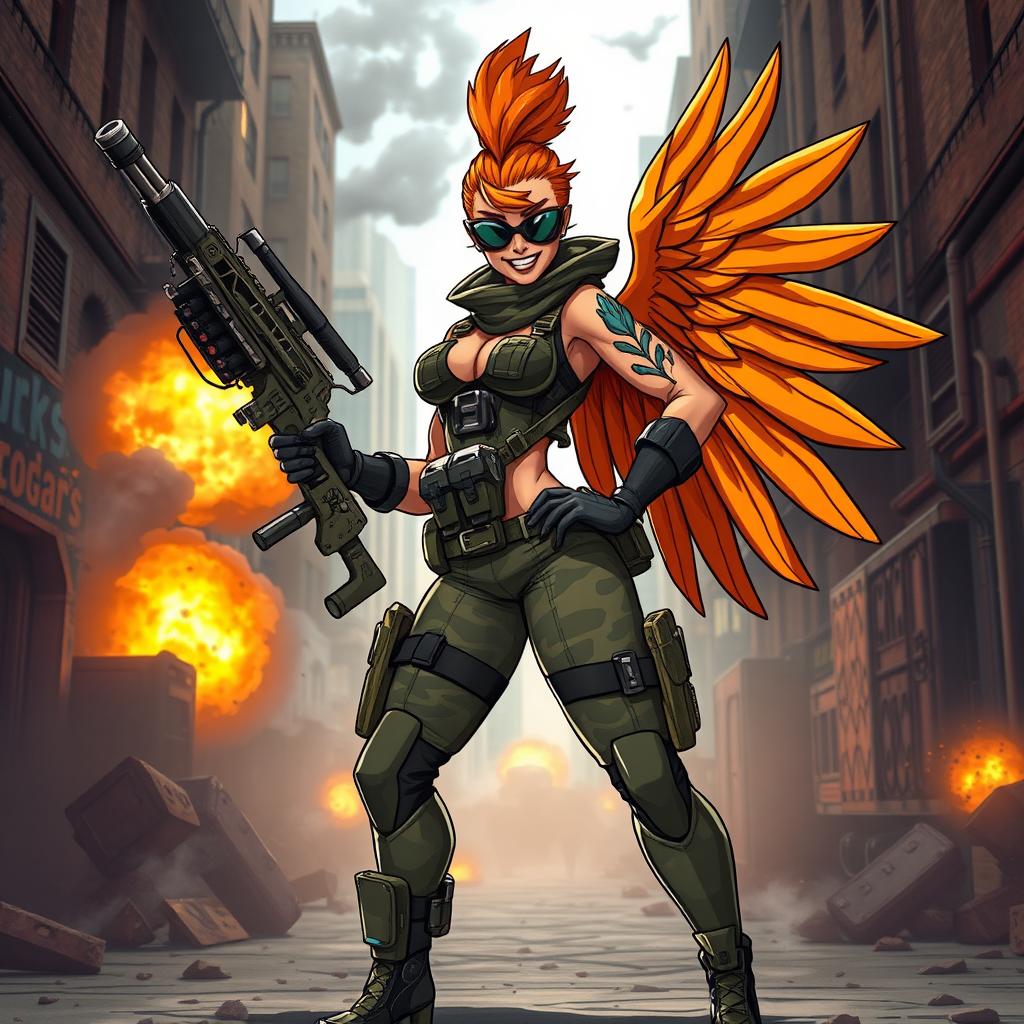 A female character inspired by the Duck Commander with a muscular and confident build, wearing tactical combat gear and a stylish camouflage pattern