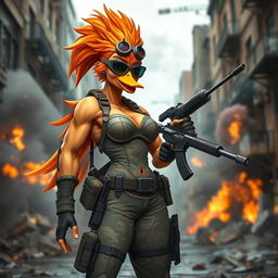 A female character inspired by the Duck Commander with a muscular and confident build, wearing tactical combat gear and a stylish camouflage pattern