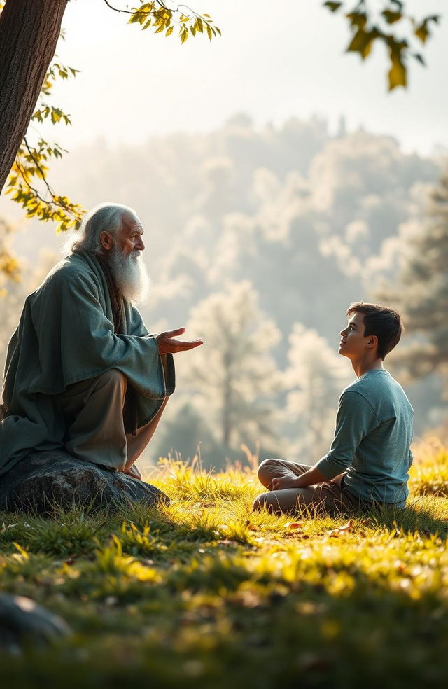 A serene and introspective scene depicting a conversation between a wise philosopher and a young man in a tranquil outdoor setting, surrounded by nature