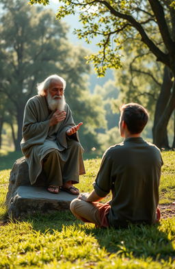 A serene and introspective scene depicting a conversation between a wise philosopher and a young man in a tranquil outdoor setting, surrounded by nature