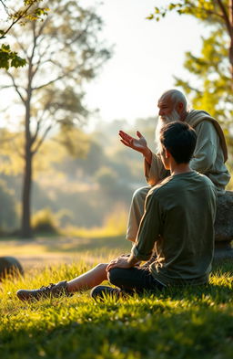 A serene and introspective scene depicting a conversation between a wise philosopher and a young man in a tranquil outdoor setting, surrounded by nature