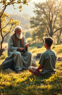 A serene and introspective scene depicting a conversation between a wise philosopher and a young man in a tranquil outdoor setting, surrounded by nature