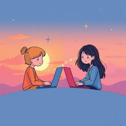 A cute and aesthetic book cover illustration symbolizing the online connection between two high school students from different time zones