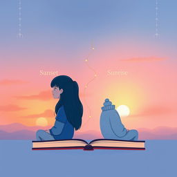 A cute and aesthetic book cover illustration symbolizing the online connection between two high school students from different time zones