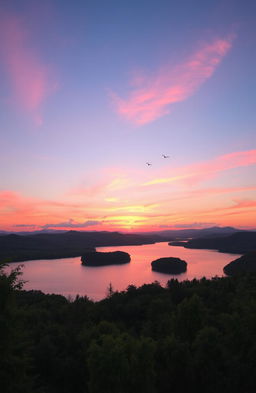 A beautiful outdoor sunset scene featuring a serene lake surrounded by lush green forests, with vibrant pink and orange hues reflecting on the water