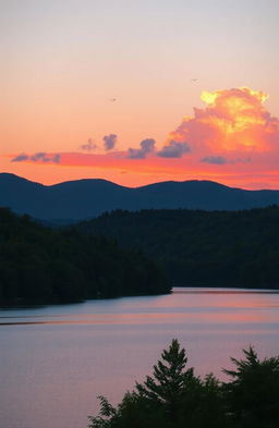 A beautiful outdoor sunset scene featuring a serene lake surrounded by lush green forests, with vibrant pink and orange hues reflecting on the water