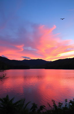 A beautiful outdoor sunset scene featuring a serene lake surrounded by lush green forests, with vibrant pink and orange hues reflecting on the water