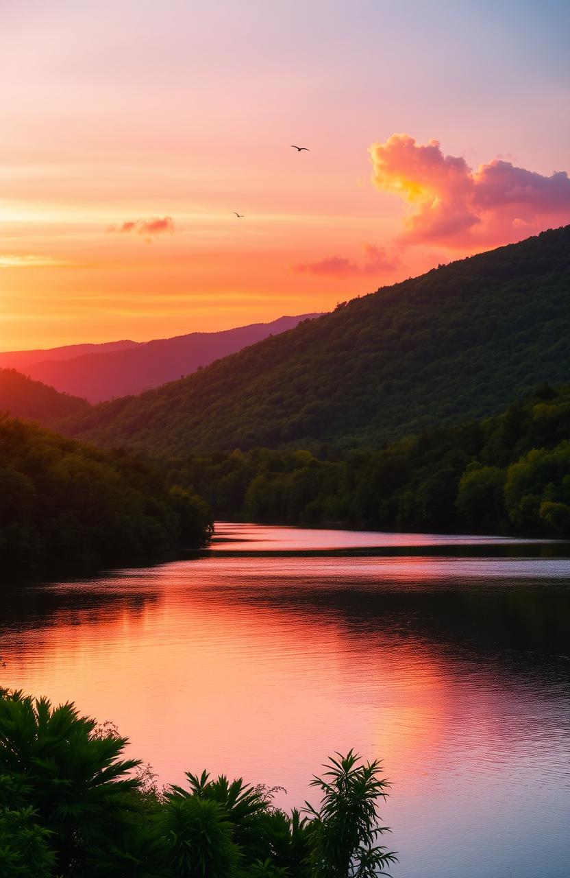 A beautiful outdoor sunset scene featuring a serene lake surrounded by lush green forests, with vibrant pink and orange hues reflecting on the water