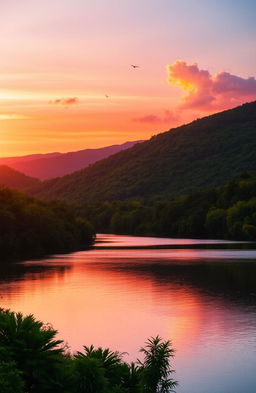 A beautiful outdoor sunset scene featuring a serene lake surrounded by lush green forests, with vibrant pink and orange hues reflecting on the water