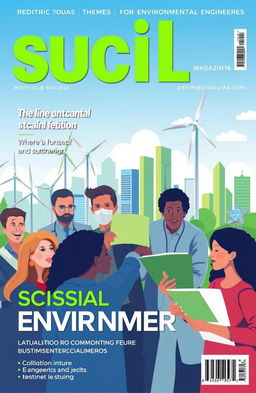 A vibrant magazine cover featuring themes of social issues related to environmental engineering
