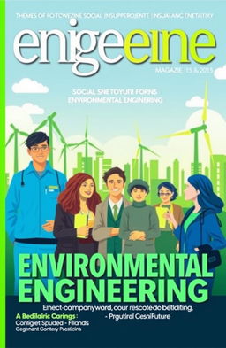 A vibrant magazine cover featuring themes of social issues related to environmental engineering