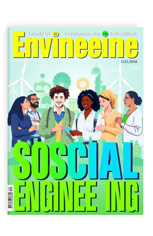 A vibrant magazine cover featuring themes of social issues related to environmental engineering