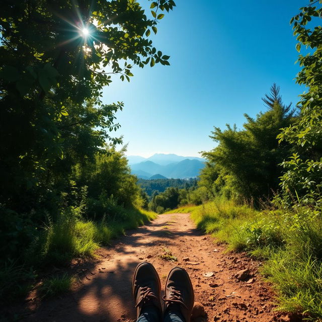 A serene landscape depicting the theme "Pequenos Passos Grandes Recomeços" translating to "Small Steps, Big Beginnings"