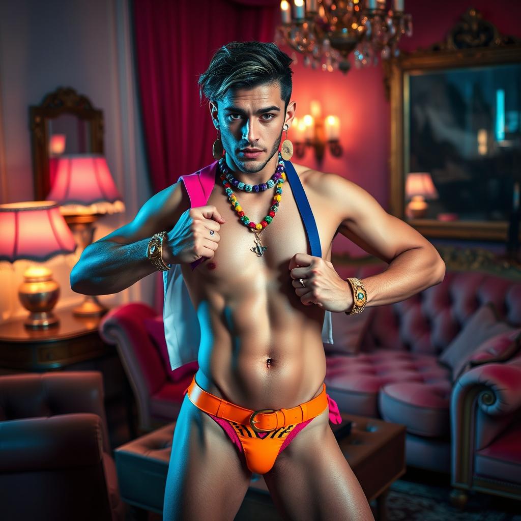 A vibrant, provocative scene featuring a confident sissy boy, embracing his femininity with colorful, stylish accessories