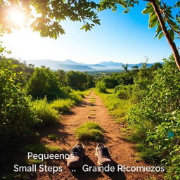 A serene landscape depicting the theme "Pequenos Passos Grandes Recomeços" translating to "Small Steps, Big Beginnings"
