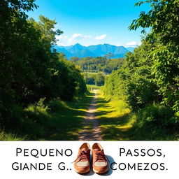 A serene landscape depicting the theme "Pequenos Passos Grandes Recomeços" translating to "Small Steps, Big Beginnings"