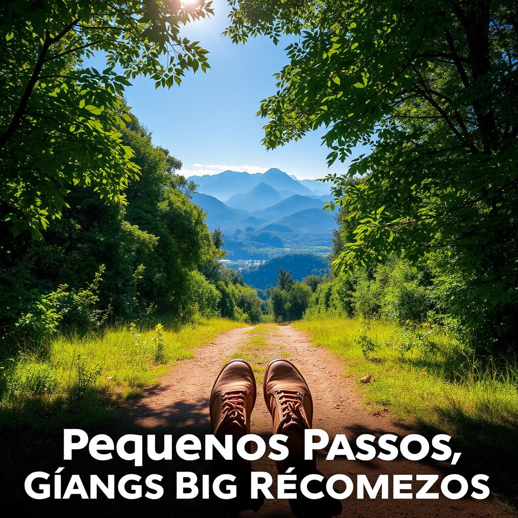 A serene landscape depicting the theme "Pequenos Passos Grandes Recomeços" translating to "Small Steps, Big Beginnings"