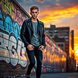 A cool and stylish young adult male dressed in a trendy urban outfit, wearing a black leather jacket, fitted jeans, and stylish sneakers