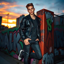 A cool and stylish young adult male dressed in a trendy urban outfit, wearing a black leather jacket, fitted jeans, and stylish sneakers