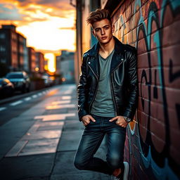 A cool and stylish young adult male dressed in a trendy urban outfit, wearing a black leather jacket, fitted jeans, and stylish sneakers