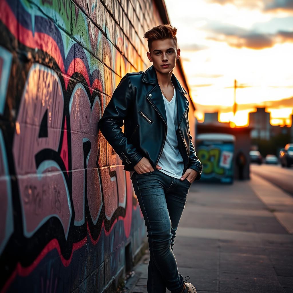 A cool and stylish young adult male dressed in a trendy urban outfit, wearing a black leather jacket, fitted jeans, and stylish sneakers