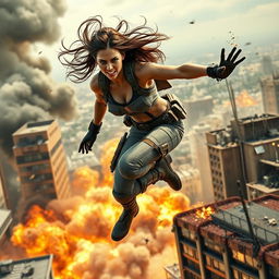 An intense action movie scene featuring a strong female hero, showcasing her in dynamic motion as she leaps from an exploding building