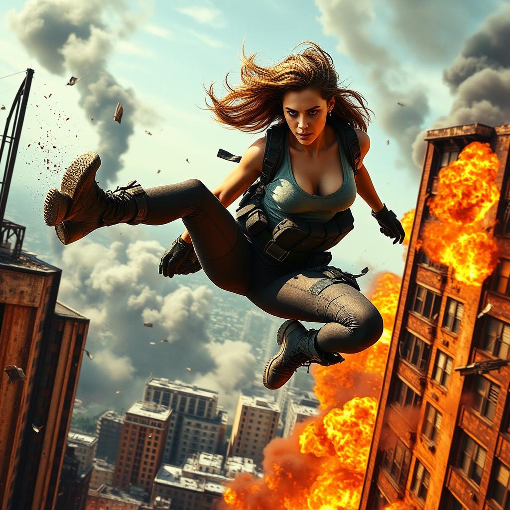 An intense action movie scene featuring a strong female hero, showcasing her in dynamic motion as she leaps from an exploding building