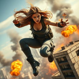 An intense action movie scene featuring a strong female hero, showcasing her in dynamic motion as she leaps from an exploding building