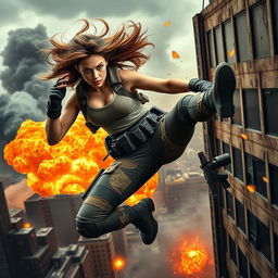 An intense action movie scene featuring a strong female hero, showcasing her in dynamic motion as she leaps from an exploding building