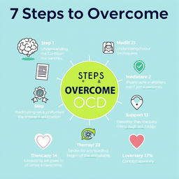A motivational and informative graphic illustrating '7 Steps to Overcome OCD'