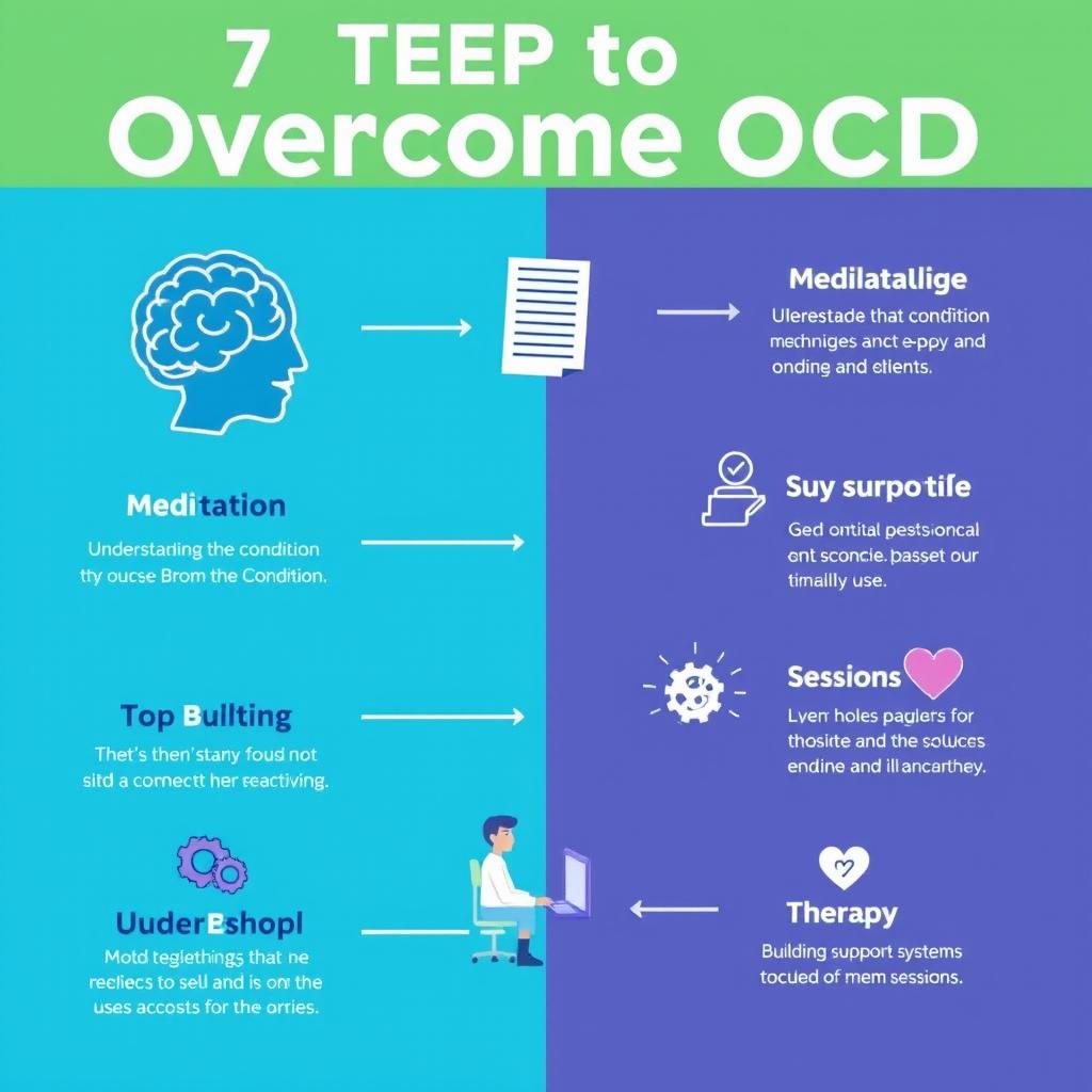 A motivational and informative graphic illustrating '7 Steps to Overcome OCD'