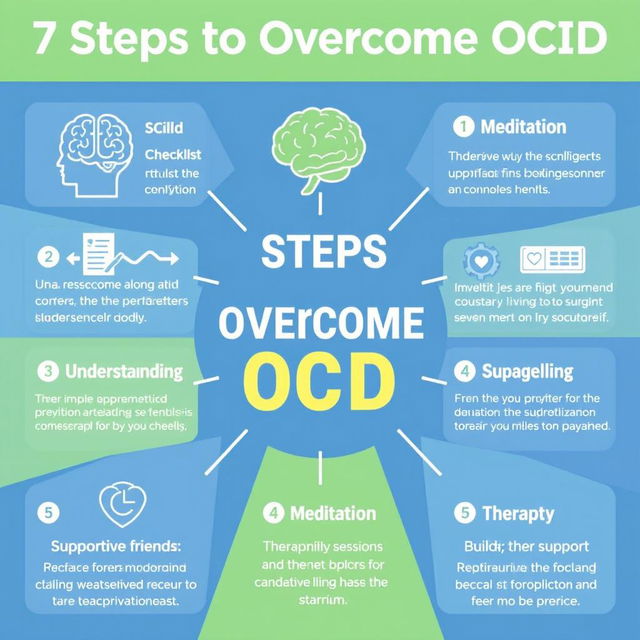 A motivational and informative graphic illustrating '7 Steps to Overcome OCD'