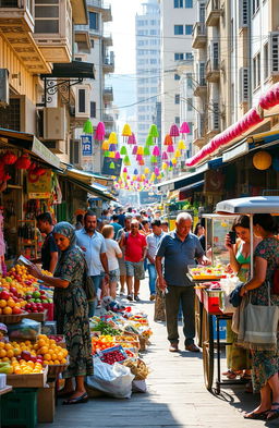 A vibrant street scene depicting informal vendors in a bustling marketplace