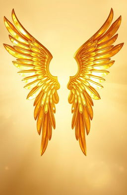 A pair of magnificent gold angel wings, elegantly spread out, shimmering in the light