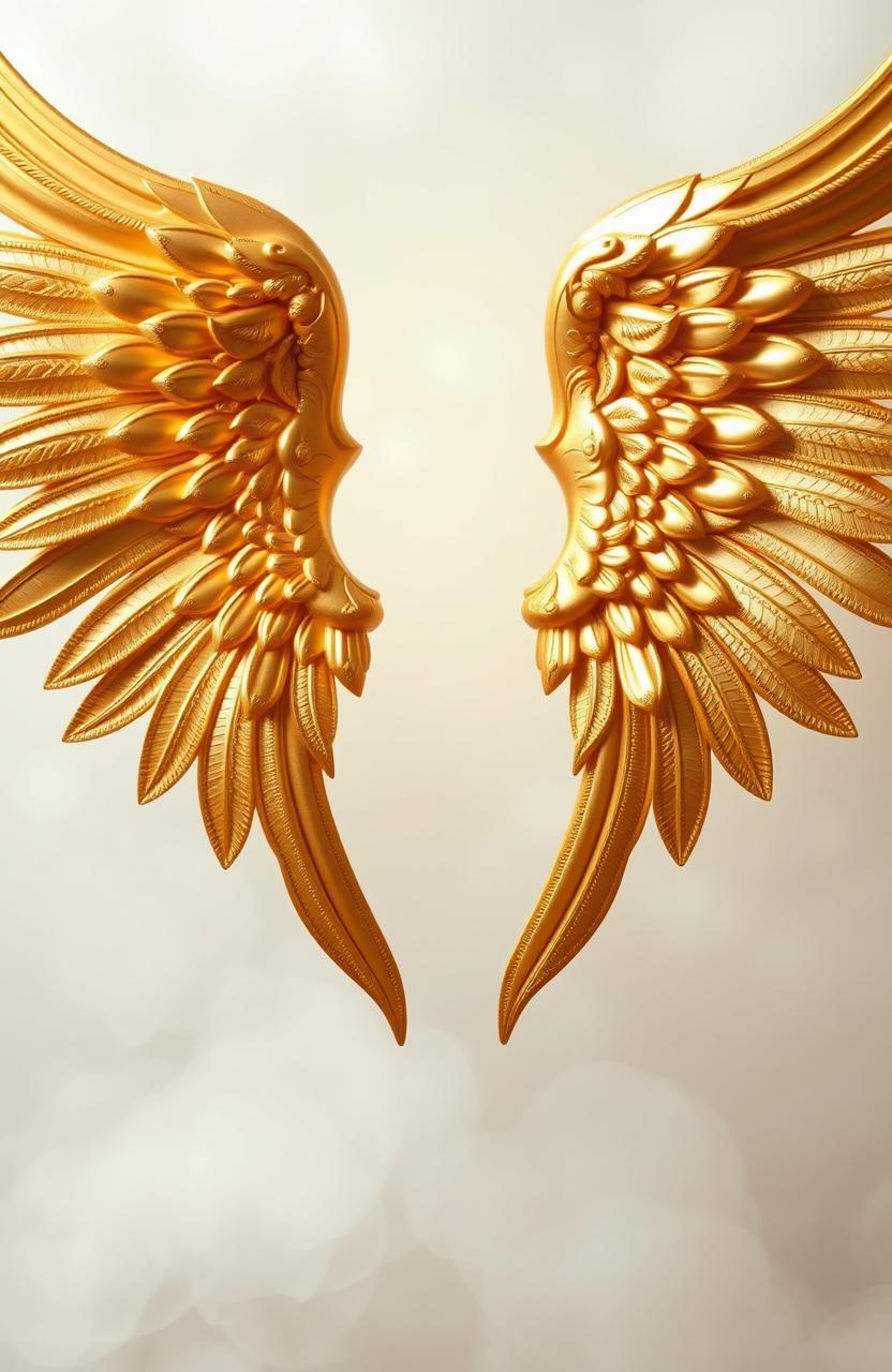 A pair of magnificent gold angel wings, elegantly spread out, shimmering in the light