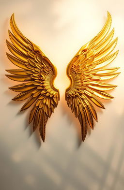 A pair of magnificent gold angel wings, elegantly spread out, shimmering in the light