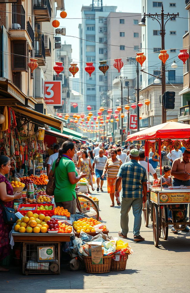 A vibrant street scene depicting informal vendors in a bustling marketplace