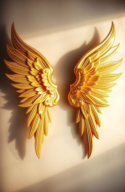 A pair of magnificent gold angel wings, elegantly spread out, shimmering in the light