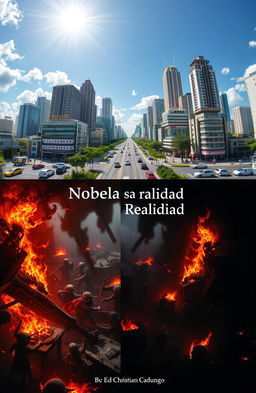 A stunning visualization of a mirrored parallel city: the upper half bustling with activity, filled with cars and people, towering skyscrapers, and bright sunlight illuminating the peaceful scene