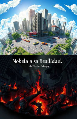 A stunning visualization of a mirrored parallel city: the upper half bustling with activity, filled with cars and people, towering skyscrapers, and bright sunlight illuminating the peaceful scene