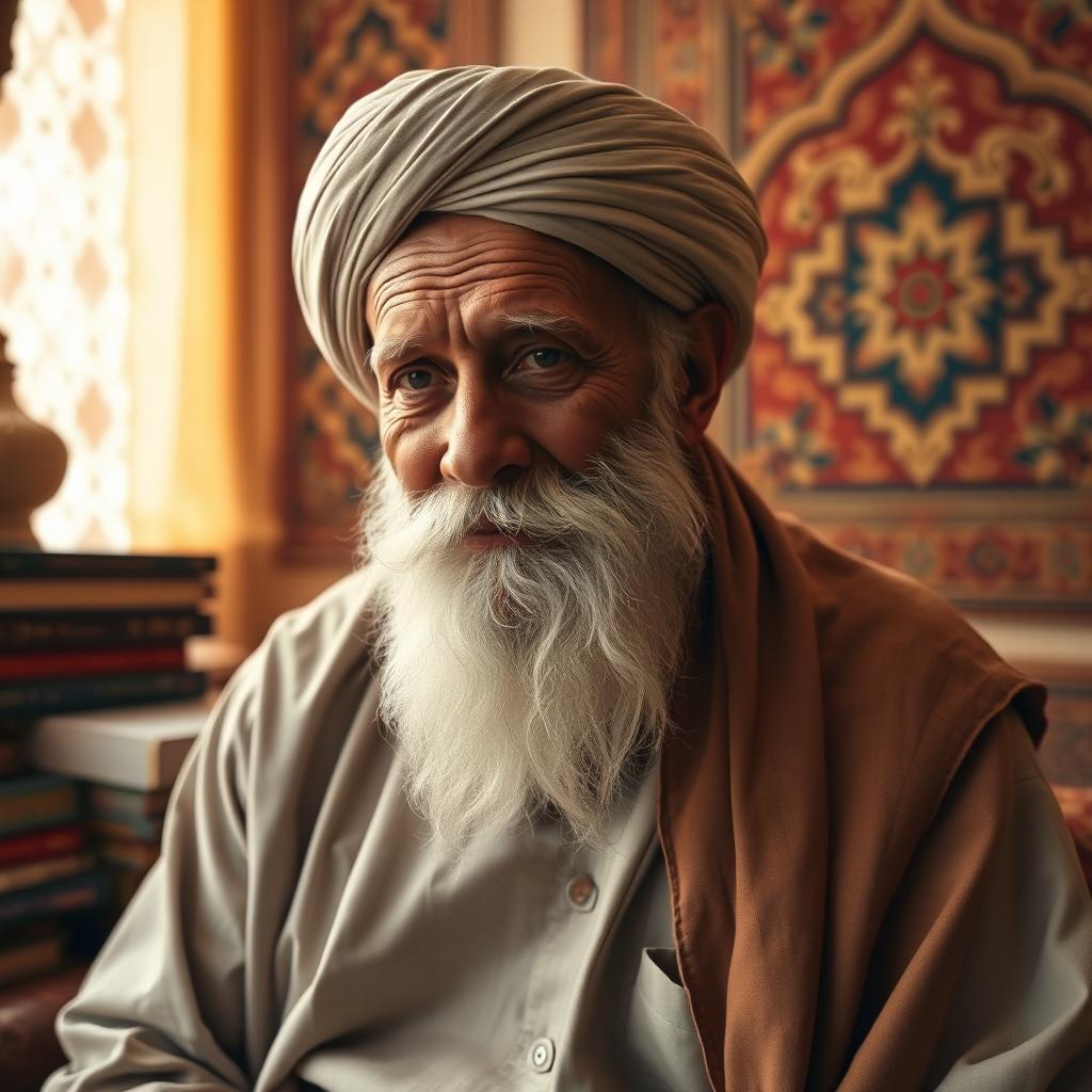 An elderly Muslim man with a traditional pagdi (turban) and a long white beard, dressed in a simple yet elegant kurta and shawl