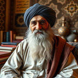 An elderly Muslim man with a traditional pagdi (turban) and a long white beard, dressed in a simple yet elegant kurta and shawl
