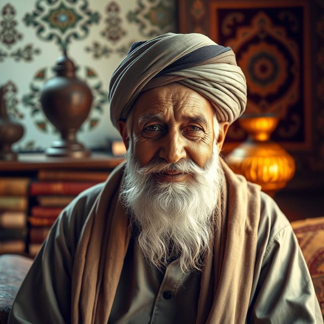 An elderly Muslim man with a traditional pagdi (turban) and a long white beard, dressed in a simple yet elegant kurta and shawl